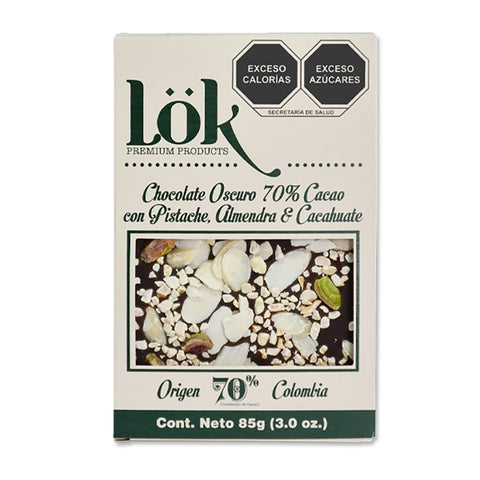 Bark de Chocolate Oscuro 70% Cacao con Pistacho, Almendra & Cacahuate 85 gr